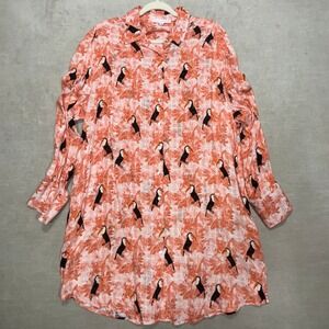 Jane Delancey Women's Toucan Floral Print Button Up Shirt Dress Tunic Size L